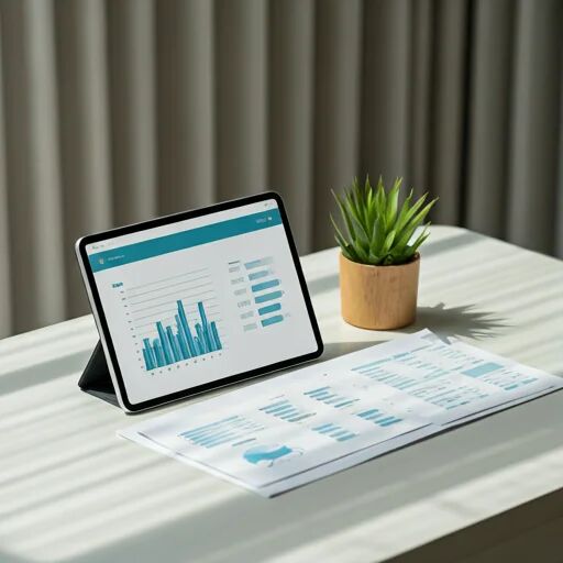 Relatórios financeiros e tablet com dashboard em escritório moderno