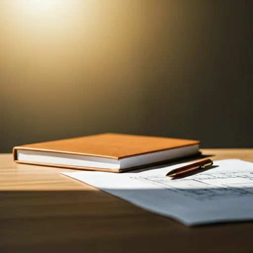 Close up of high quality stationery and architectural blueprints on a clean desk with warm morning sunlight
