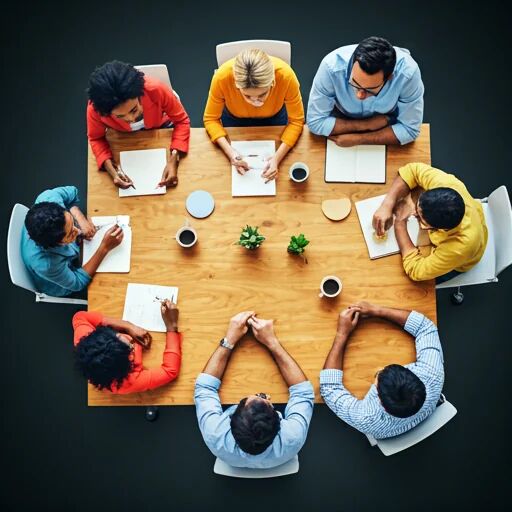 Candid overhead photo of a diverse team collaborating around a wooden table in a brightly lit modern office
